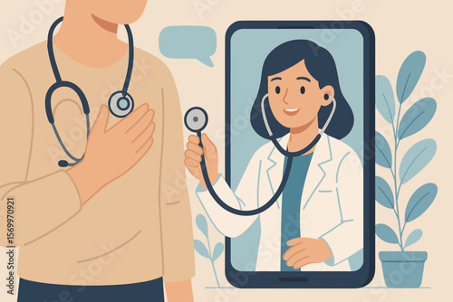 Telemedicine online medical consultation, doctor with stethoscope on smartphone screen, virtual healthcare, remote health check, digital hospital, mobile clinic, e-medicine service