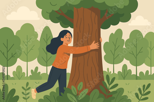 Woman Hugging Large Tree in Lush Forest, Environmental Protection, Nature Conservation, Eco Activism, Save the Forest, Renewable Energy, Earth Day, Modern Flat Vector Illustration