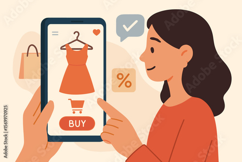 Woman shopping online with smartphone, buying dress, e-commerce app, digital purchase, mobile retail, flat cartoon illustration, fashion sale, contactless shopping concept