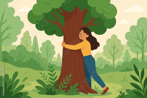 Woman Hugging Tree in Lush Forest, Environmental Protection, Ecology, Nature Conservation, Save Forests, Renewable Energy, Earth Day, Sustainability, Green Lifestyle, Flat Vector