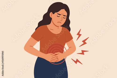 Woman holding stomach in pain, suffering from abdominal cramps, stomachache, menstrual period pain, digestive disorder, gastritis, ulcer, appendicitis, gastrointestinal disease concept