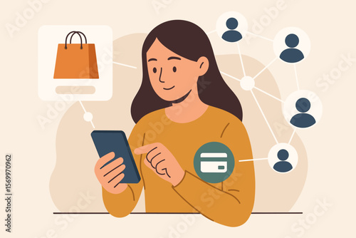 Woman using smartphone for online shopping and mobile payments, digital marketing, e-commerce, customer network connection, fintech, m-banking, omni-channel vector illustration