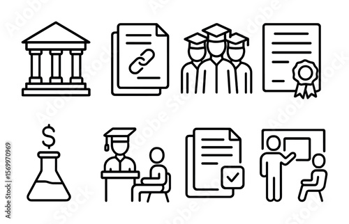 Academic Partnership Icons. Outline vector icons of academic partnerships: university logo, joint paper,
