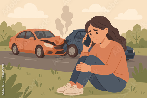 Distressed woman calling for help after car accident, roadside emergency, crash scene, damaged vehicles, insurance claim, modern flat vector illustration, emotional stress
