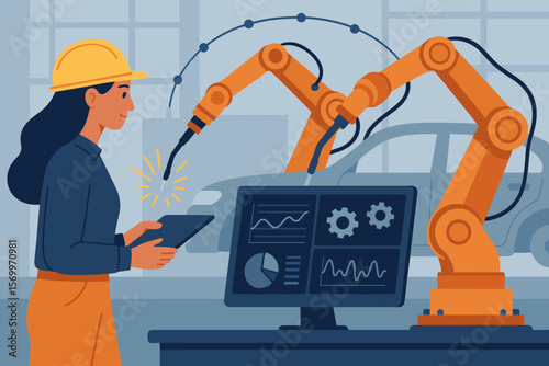 Female engineer operating welding robotic arms in smart automotive factory, industrial automation, monitoring software, data analysis, connected manufacturing technology