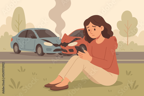 Woman using smartphone after car accident on roadside, reporting emergency, modern flat vector illustration, vehicle crash, insurance claim, stress, accident scene, outdoors