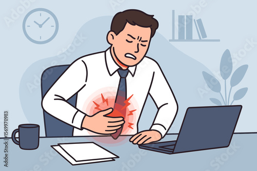 Businessman suffering stomach pain at office desk, stress-related abdominal discomfort, gastrointestinal disease, work pressure, health risk, healthcare, insurance concept illustration