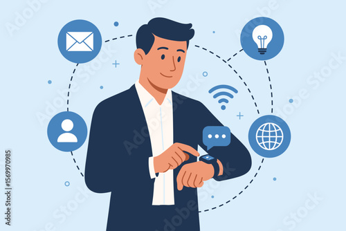 Man using a smart watch app for business communication and network connection. Modern wearable technology, innovation, and multitasking concept. Vector cartoon illustration.