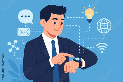 Businessman using smart watch app for business communication. Wearable technology. Network connection concept with idea, internet, email icons. IoT innovation. Flat cartoon vector.