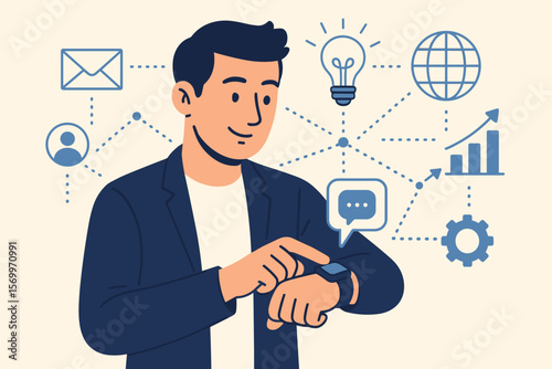 Businessman managing tasks with a smartwatch. Concept of wearable technology, innovation, and global business connection. Multitasking with app icons. Flat vector cartoon illustration.