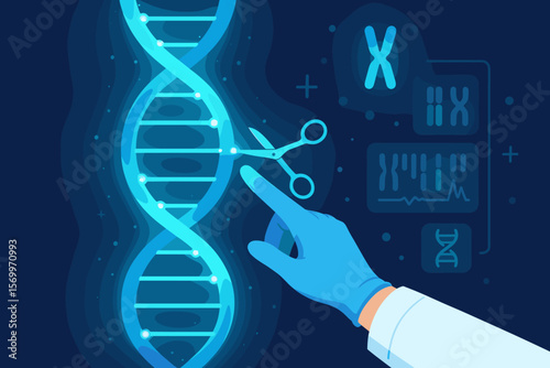 Gene editing vector concept. Hand cutting DNA double helix. Genetic engineering, gene therapy, chromosome analysis. Biotechnology, CRISPR technology, science research futuristic.