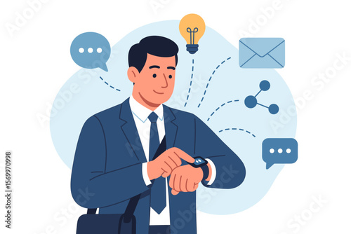 Businessman managing tasks on a smartwatch. Concept of wearable technology, communication, innovation, and business connectivity. Modern flat vector cartoon illustration.
