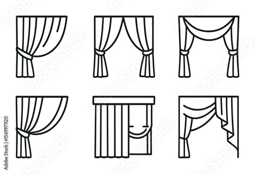 Curtain Styling Icons. Outline vector icons of curtain styling ideas: asymmetrical tie, center pull, double