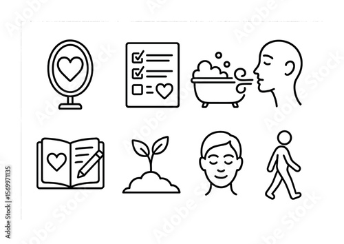 Self-Love Icon Set. Outline vector icons of self-love and inner peace: mirror heart, affirmations list,