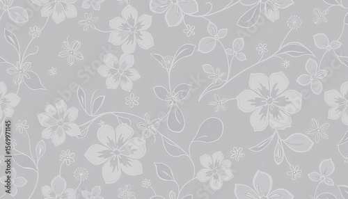 Subtle grey abstract floral pattern with delicate, overlapping blooms and organic shapes, seamless repeat, flower, interior