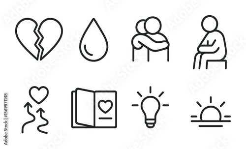 Heartbreak and Healing Icons. Outline vector icons of heartbreak and recovery: broken heart, tear icon,