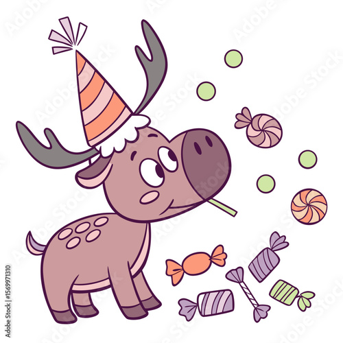 Cute Amused Moose, accessorized with with a giant leaf, in a Birthday world – Candy Shop palette vector