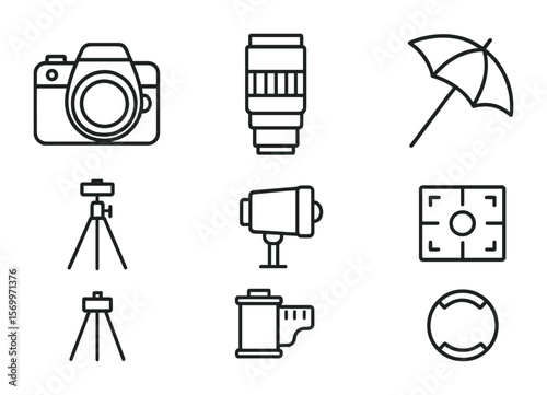 Fashion Photography Icons. Outline vector icons of fashion photography setup: DSLR camera, zoom lens, tripod