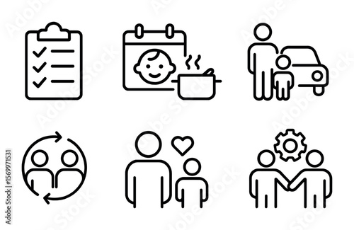Child Rearing Icons. Outline vector icons of shared responsibilities in child rearing: to-do list, child
