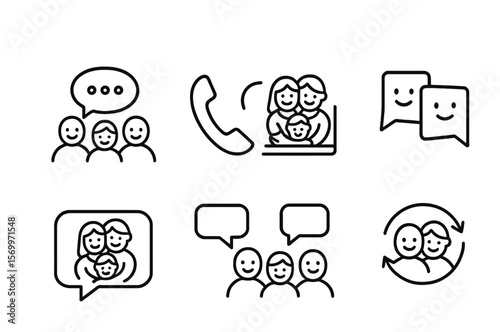 Family Communication Icons. Outline vector icons of family communication patterns: group chat, phone call,