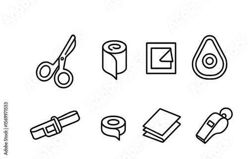 Emergency Kit Icons. Outline vector icons of emergency medical kit: trauma scissors, gauze roll, antiseptic