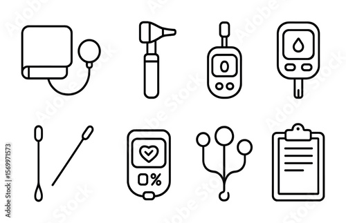 Diagnostic Tools Icons. Outline vector icons of diagnostic tools: blood pressure cuff, otoscope, reflex hammer