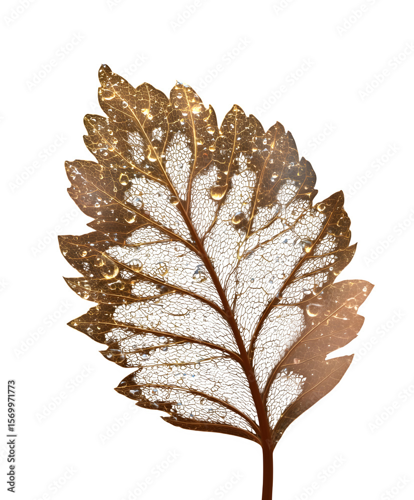 Fototapeta premium Golden Veins and Dewdrops on Delicate Leaf, Isolated on Transparent Background with Soft Brown Gradient
