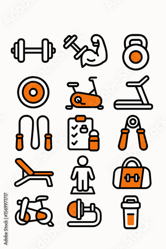 Orange and Black Fitness Gym Equipment Icons on White Background for Exercise and Healthy Living