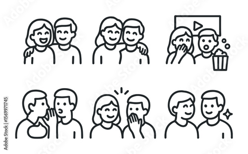 Couple Bonding Icons. Outline vector icons of couple bonding moments: shared laughter, side hug, movie
