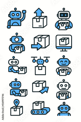 Robotic Delivery Icons Set Featuring Robots Drones and Conveyor Belts for Automated Shipping Services in Blue Pixel Art Style