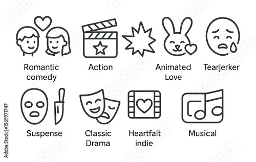 Date Night Movie Icons. Outline vector icons of movie genres for date nights: romantic comedy, action blast,