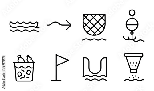 Plastic Barrier Icons. Outline vector icons of river-to-ocean plastic barriers: floating barrier, current