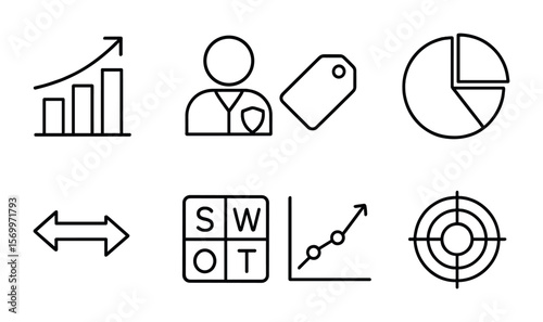 Market Competition Icons. Outline vector icons of market competition: bar chart, competitor icon, price tag,
