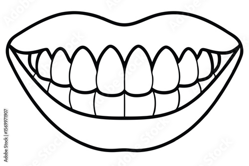Line Drawing of Smiling Mouth with Teeth and Lips Outline Illustration