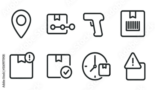 Package Tracking Icons. Outline vector icons of package tracking system: GPS pin, delivery timeline, scanned