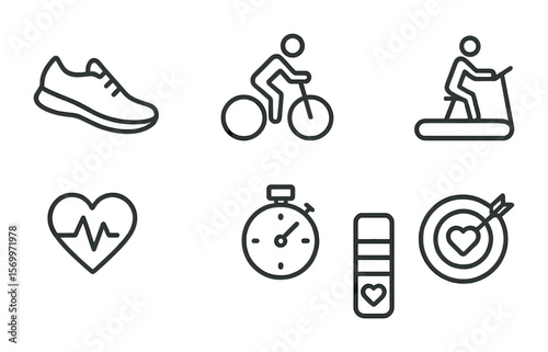 Cardio Exercise Icons. Outline vector icons of cardio exercise tracking: running shoe, cycling icon, treadmill