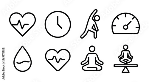 Recovery Stats Icons. Outline vector icons of recovery and cooldown stats: resting BPM, cooldown timer,