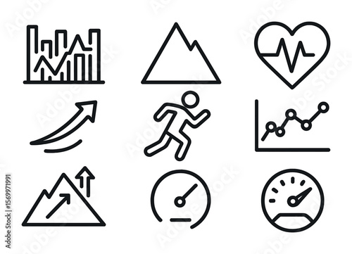 Fitness Training Icons. Outline vector icons of high-performance training data: interval graph, peak effort,