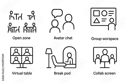 Virtual Coworking Icons. Outline vector icons of virtual coworking spaces: open zone, avatar chat, group