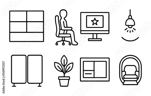 Digital Office Icons. Outline vector icons of digital office design: virtual wall, ergonomic avatar seat,