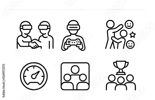 Metaverse Team Icons. Outline vector icons of metaverse team building: avatar handshake, virtual games, trust