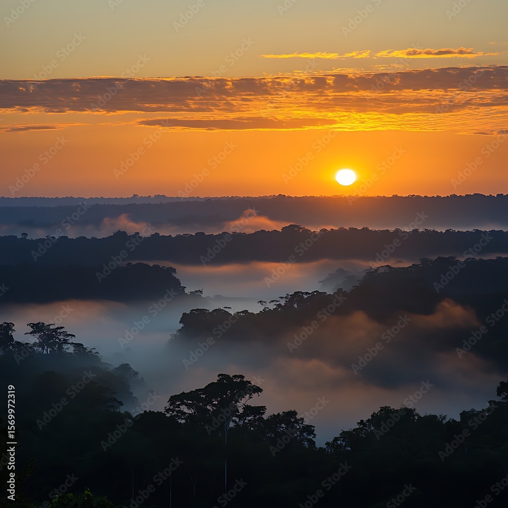Obraz premium Amazon forest covered in fog and sunrise light beams high resolution picture