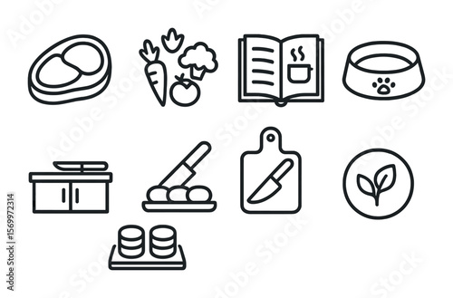 Modern Meal Icons. Outline vector icons of raw and home-cooked meals: raw meat icon, vegetable mix, recipe