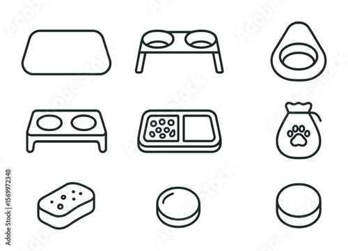 Pet Feeding Icons. Outline vector icons of pet feeding accessories: silicone mat, raised feeder, spill guard,