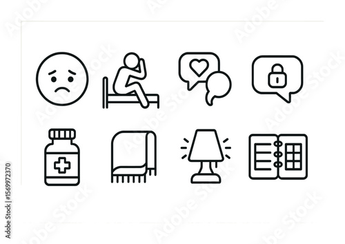 Depression Support Icons. Outline vector icons of depression support: sad emoji, morning struggle, support