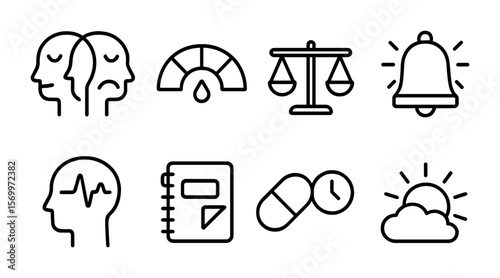 Mood Disorder Awareness Icons. Outline vector icons of mood disorders awareness: bipolar icon, emotion dial,