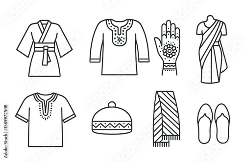 Cultural Attire Icons. Outline vector icons of cultural festival attire: kimono robe, embroidered tunic, henna
