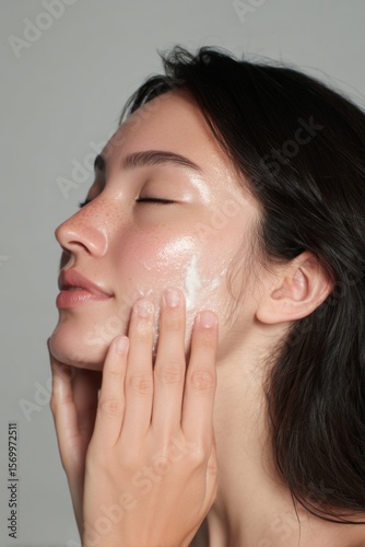 Hermosa mujer, asiática, aplicándose, crema hidratante en el rostro, concepto de modelo y belleza.