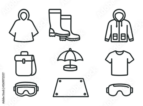Rain-Ready Festival Icons. Outline vector icons of rain-ready festival wear: poncho icon, waterproof boots,