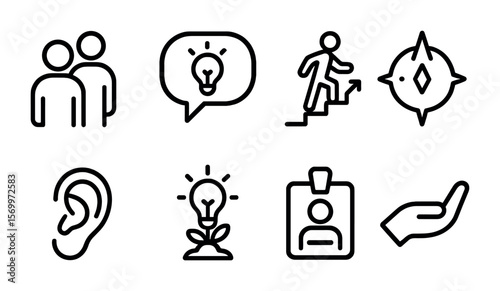 Mentorship Vector Icons. Outline vector icons of mentorship and guidance: mentor icon, advice bubble, career